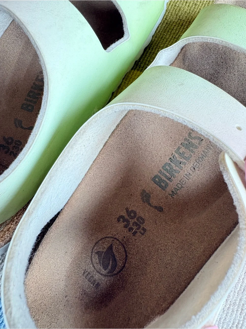 Birkenstock Kids Two-Strap Sandals in Pink and Light Green